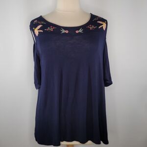 Style & Co. Navy Cold Shoulder with Floral Embroidery Top